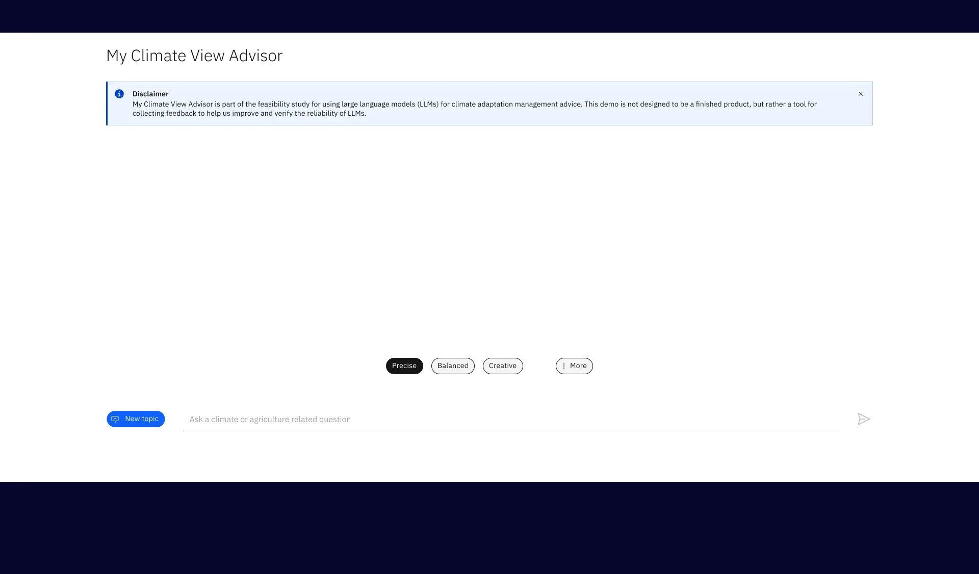 Default state: a plain-language prompt bar reading ‘Ask a climate or agriculture related question’, with a feasibility-study disclaimer at the top and Precise, Balanced and Creative options.