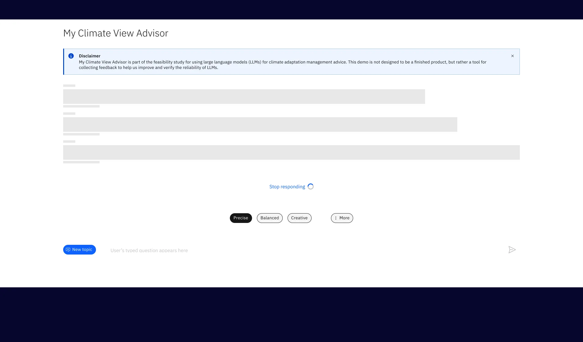 Generating state: skeleton loading placeholders and a visible ‘Stop responding’ control while the answer is produced.