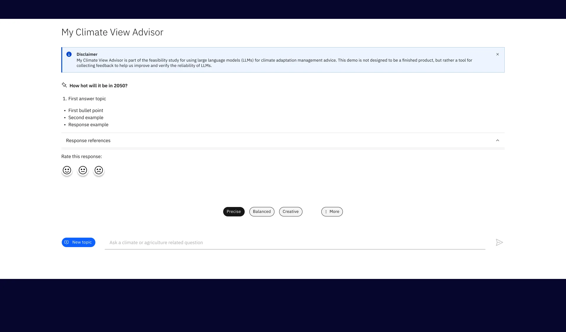 Generated state: the answer with numbered topics, response references and a quick rating control.