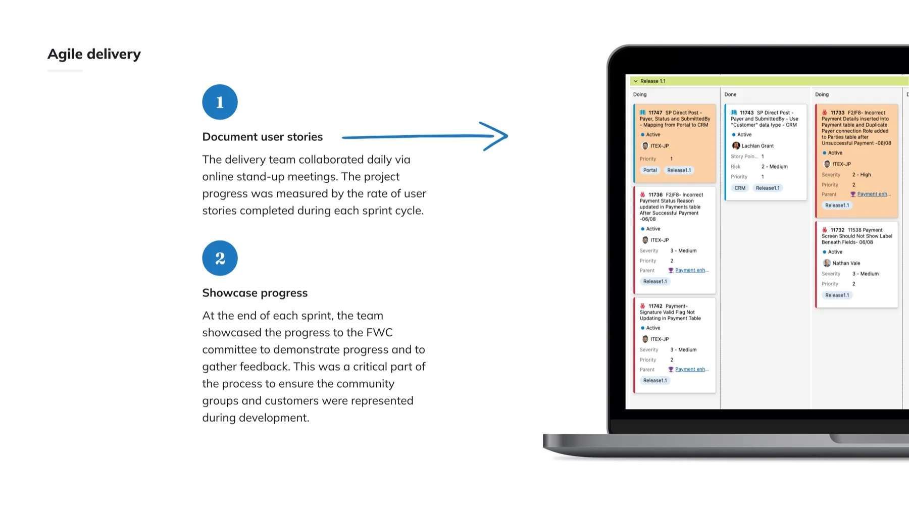 Agile delivery: documenting user stories and showcasing progress each sprint on the Azure DevOps board