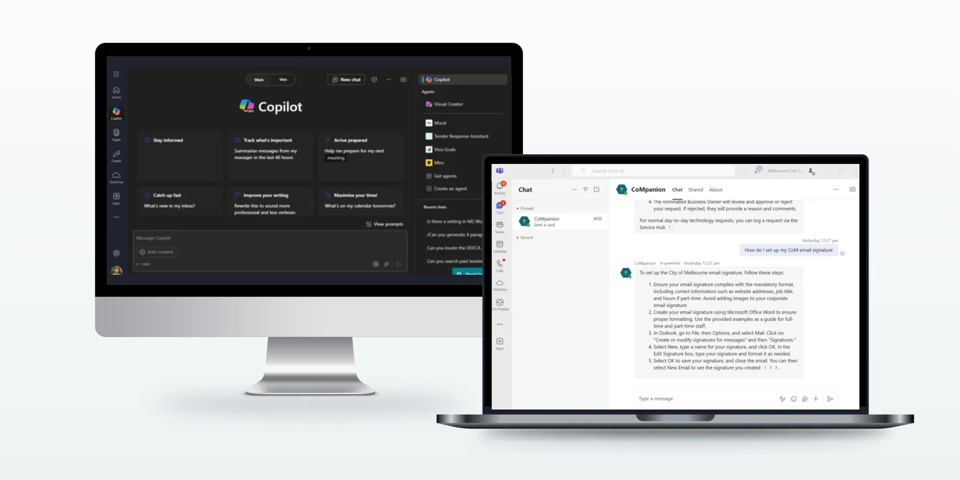 City of Melbourne Copilot pilot: M365 Copilot on a desktop monitor and the CoMpanion agent in Teams on a laptop