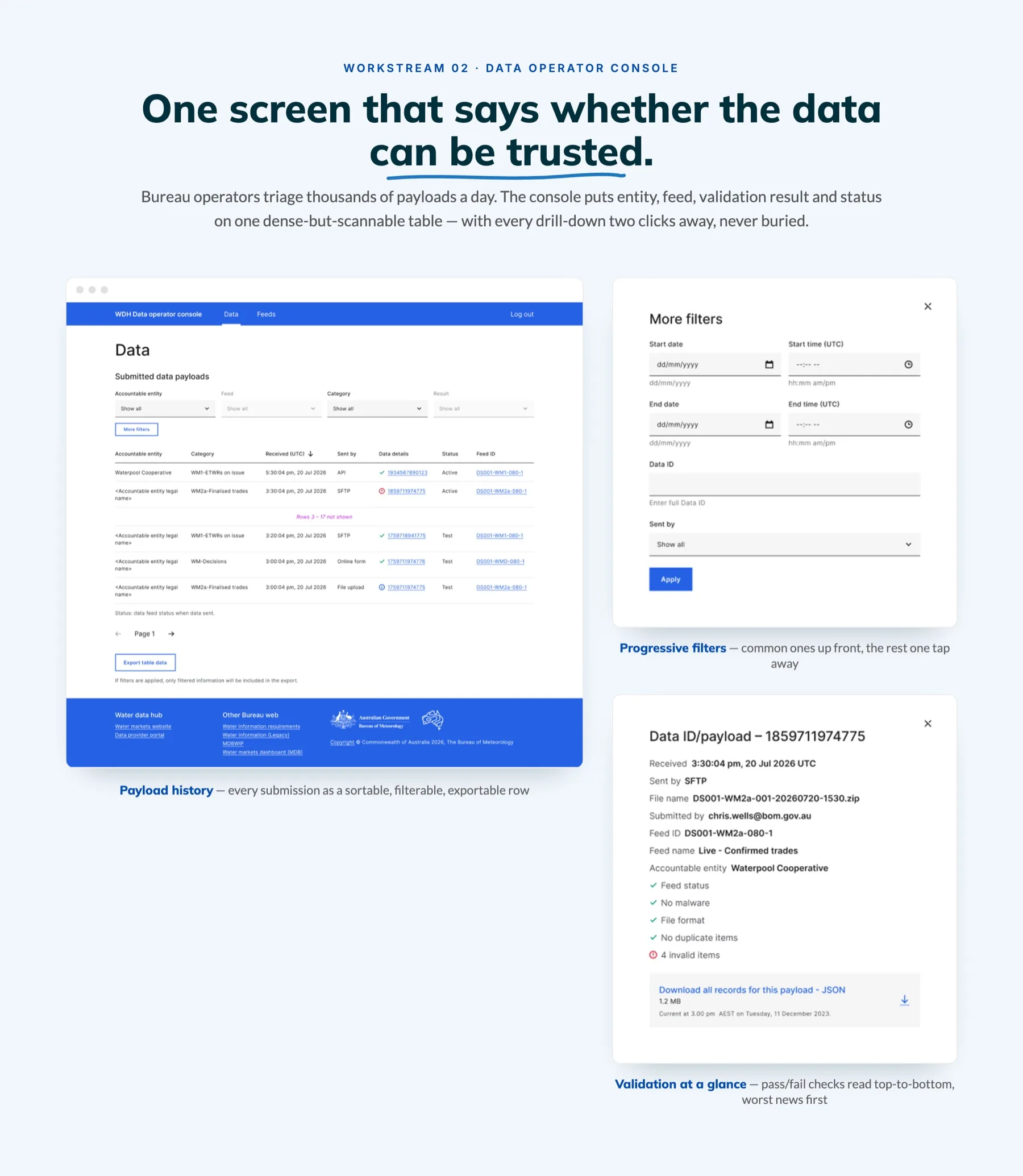 The Data Operator Console: payload history, progressive filters and validation at a glance on one dense but scannable screen