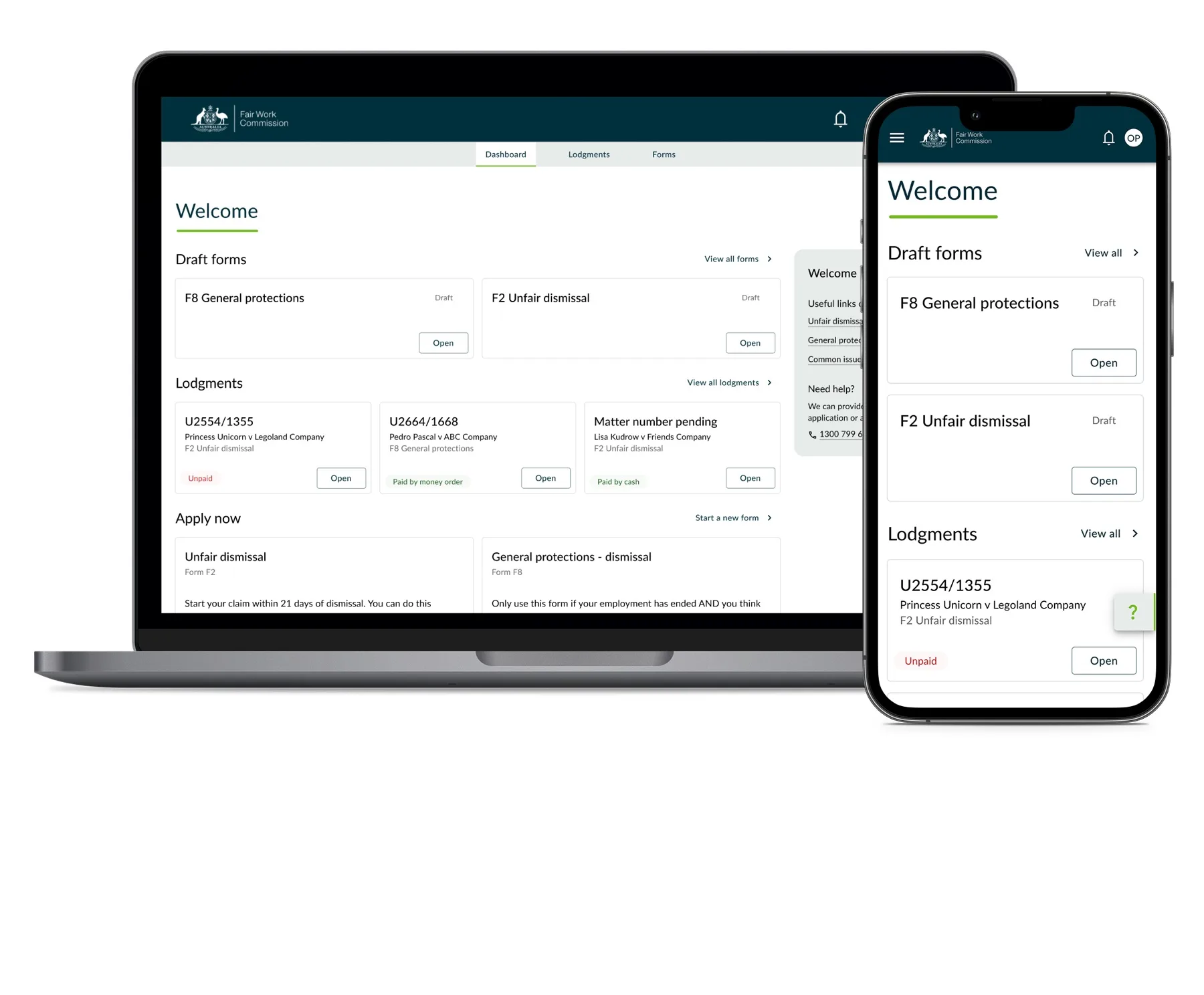 The portal dashboard on desktop and mobile: draft forms, lodgments and apply-now cards under one Welcome view