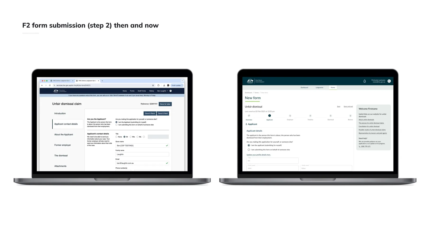 F2 form submission step 2, then and now: the legacy multi-pane form beside the new guided six-step flow
