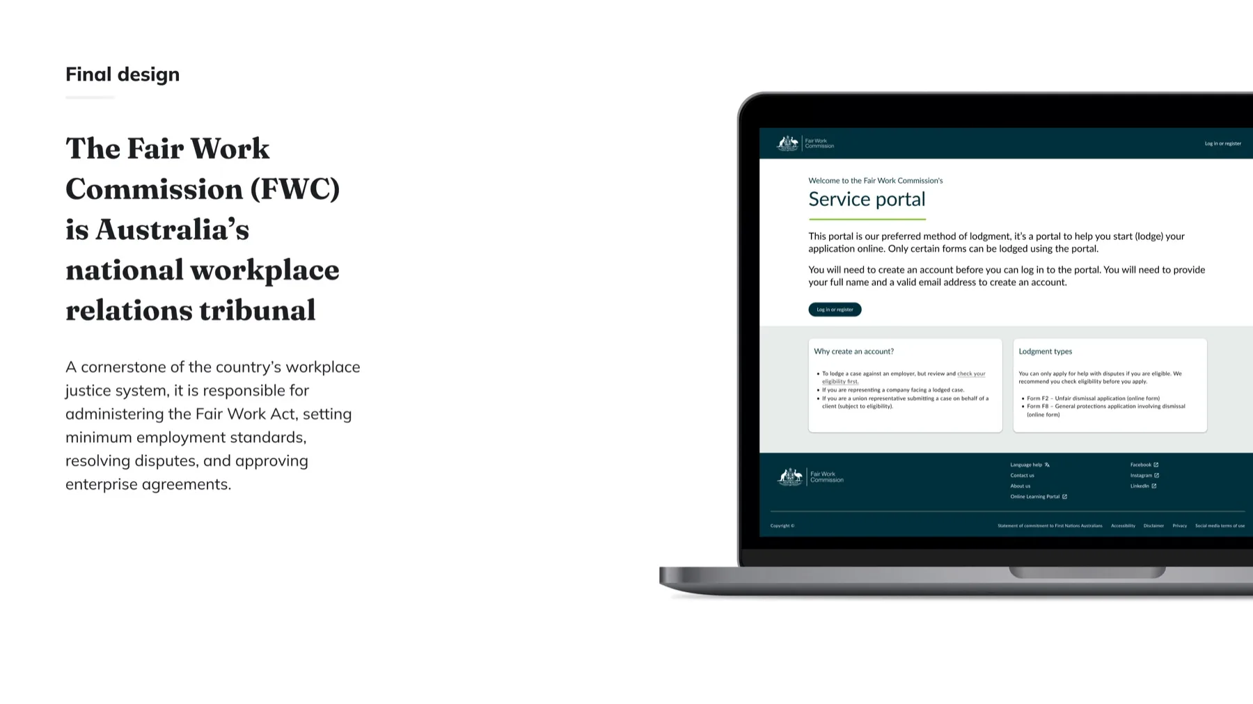 Final design: the Fair Work Commission service portal landing page, with account creation and lodgment types