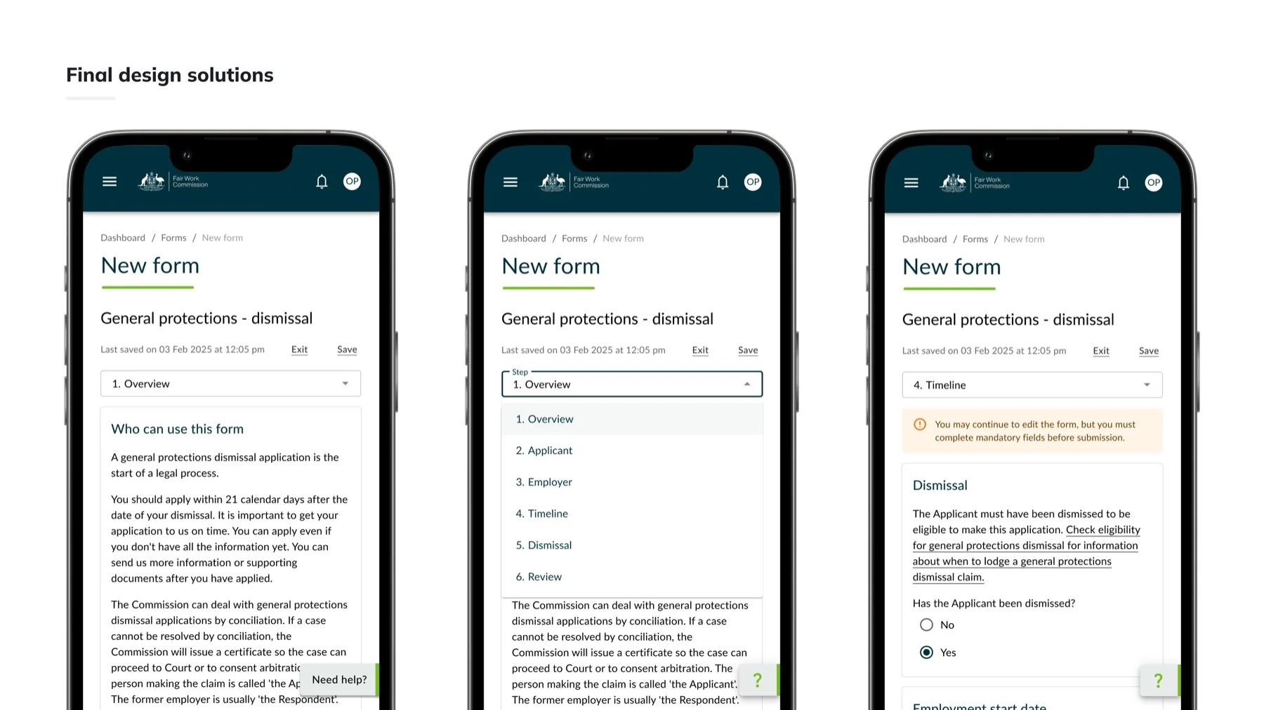 Final design solutions: the six-step new form flow on mobile, with step selector, inline validation and eligibility guidance