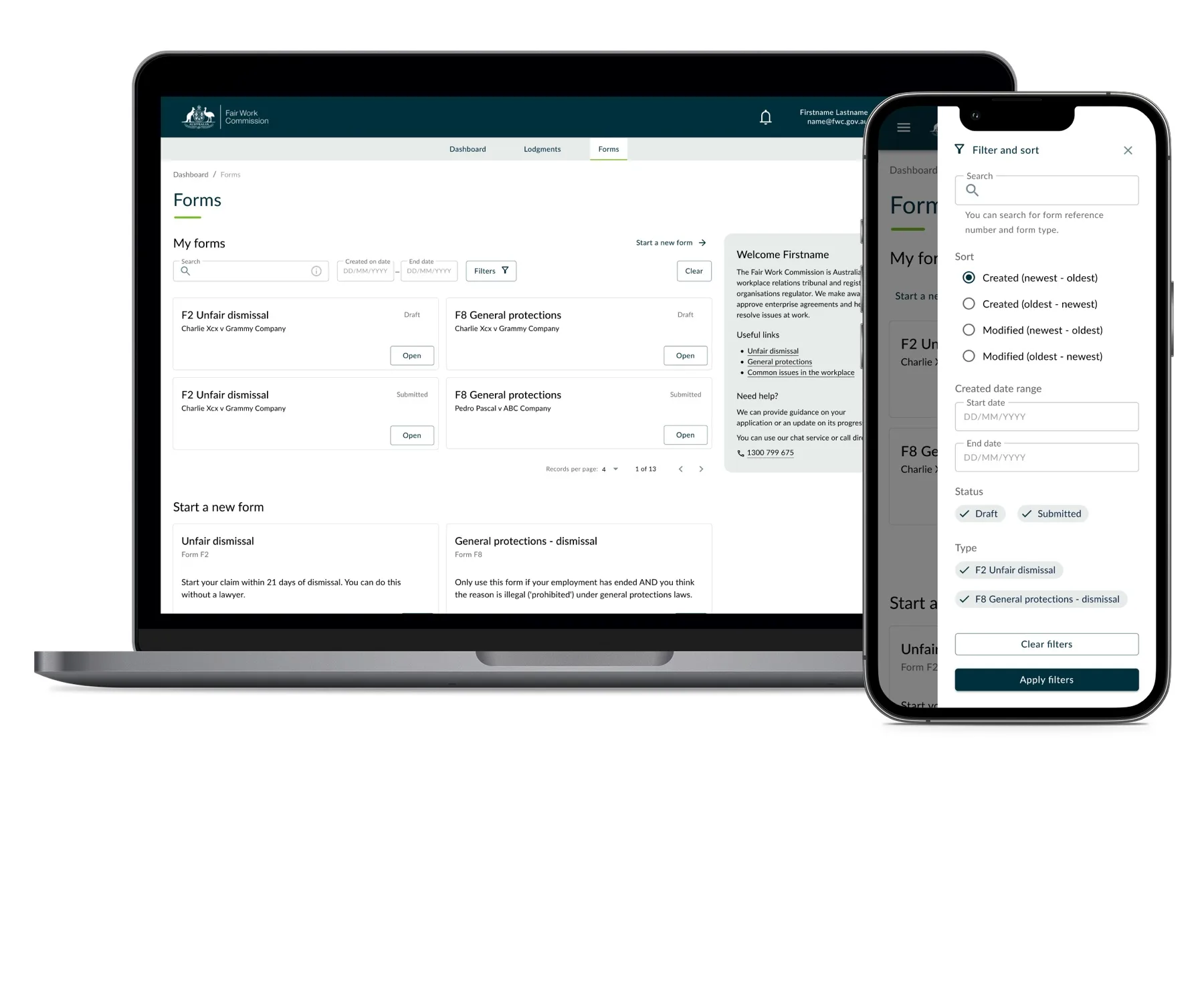 Forms with filter and sort: my forms and start a new form on desktop, filter and sort panel on mobile