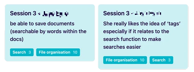 Session 3, Participant 3: wants documents searchable by words within the docs, and likes tags tied to search