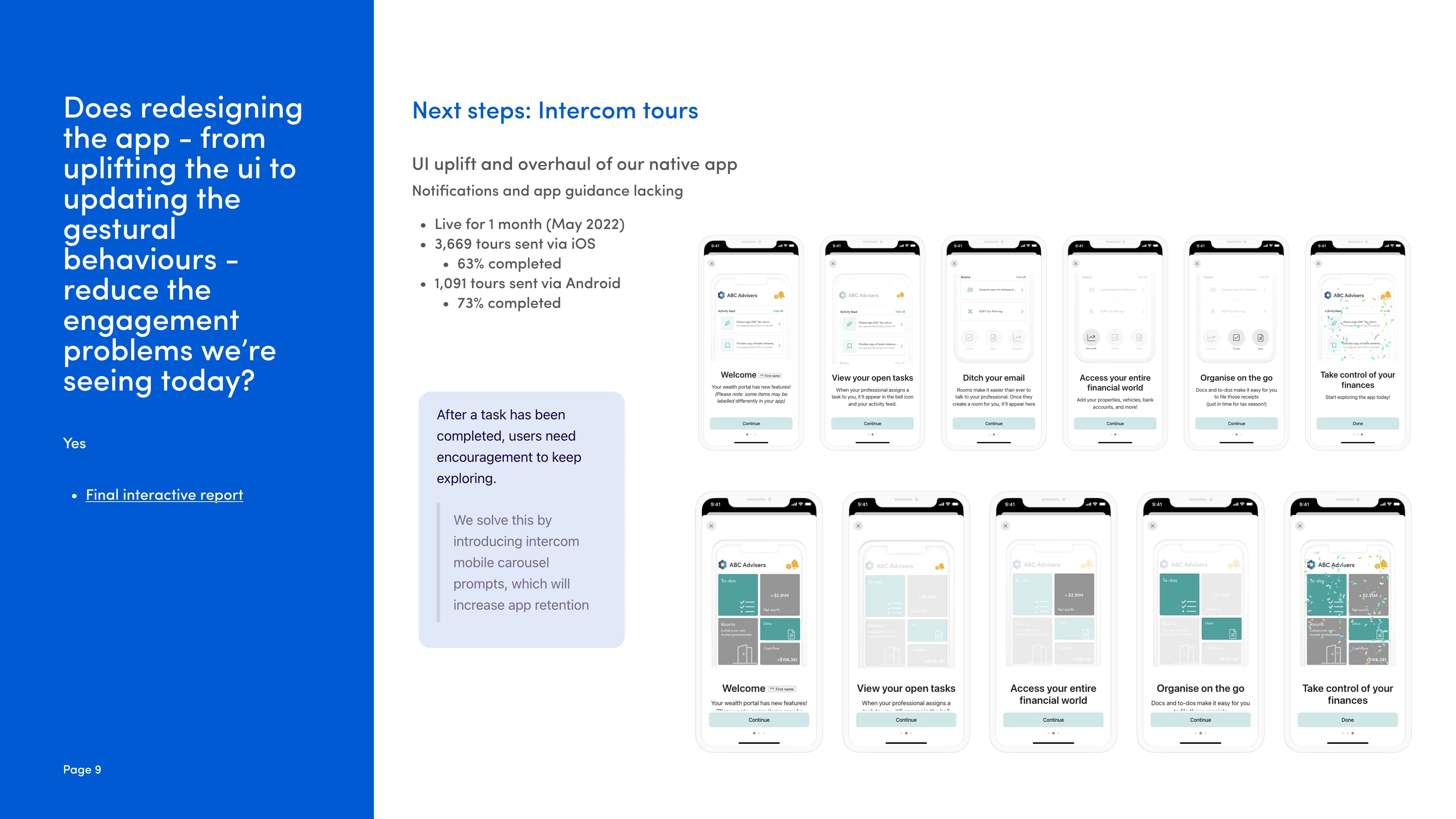 Next steps, Intercom tours: carousel prompt screens across iOS and Android with completion metrics after one month live