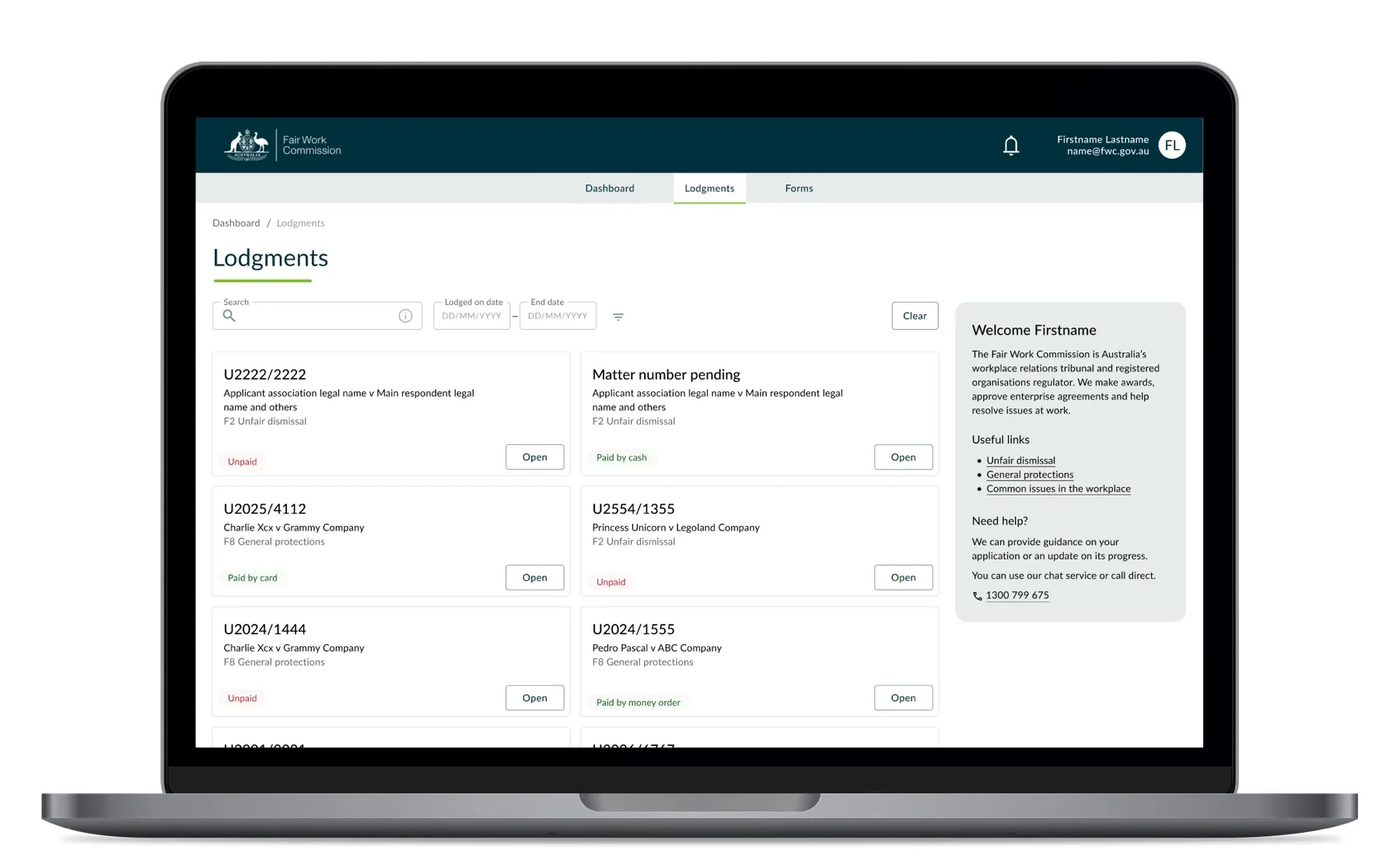 Lodgments: searchable, filterable list of matters with payment status at a glance