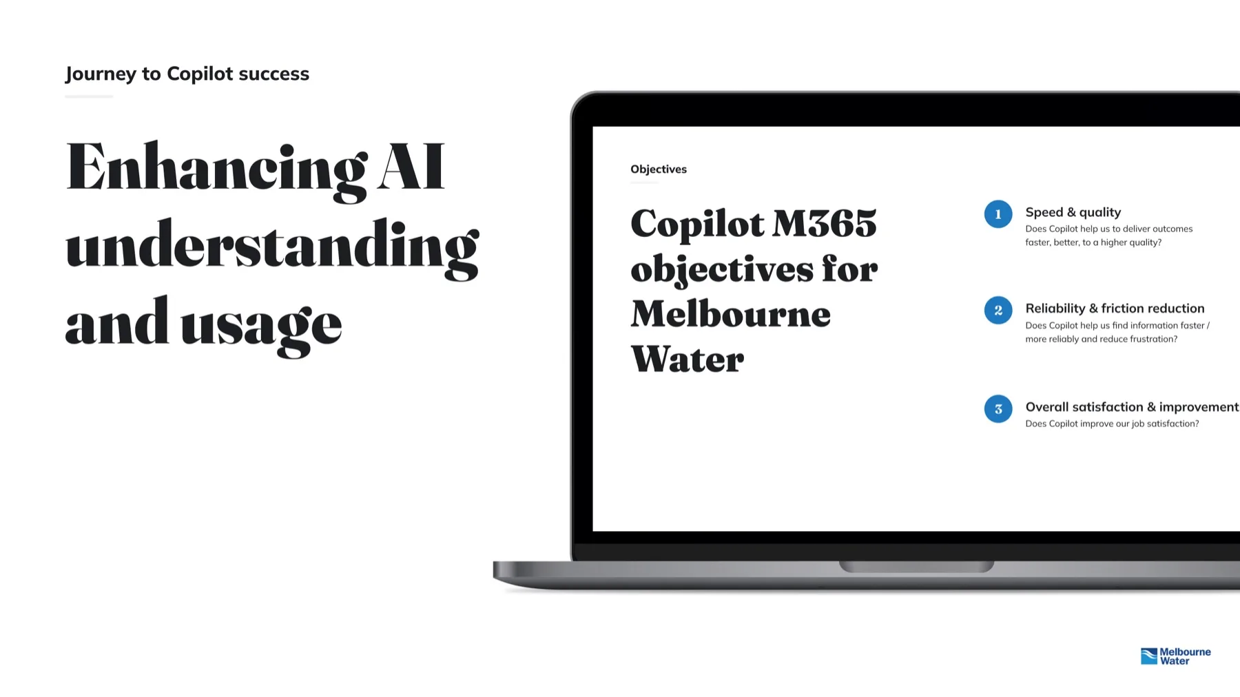 Journey to Copilot success (enhancing AI understanding and usage): Copilot M365 objectives for Melbourne Water