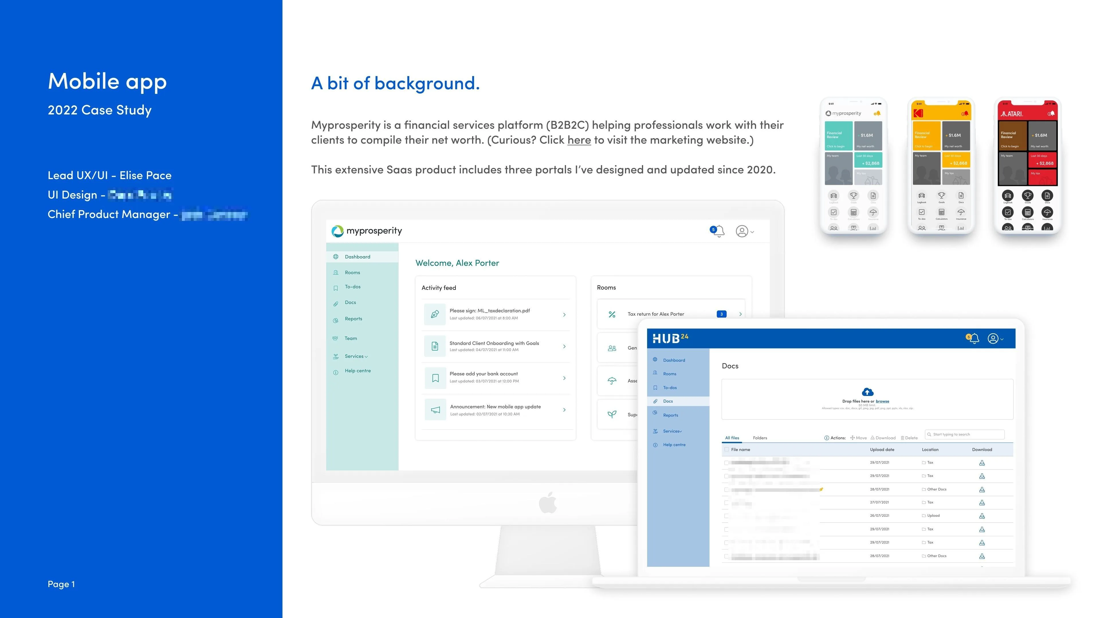 Mobile app 2022 case study: myprosperity background, the desktop portal, HUB24 docs view and three white-labelled app themes