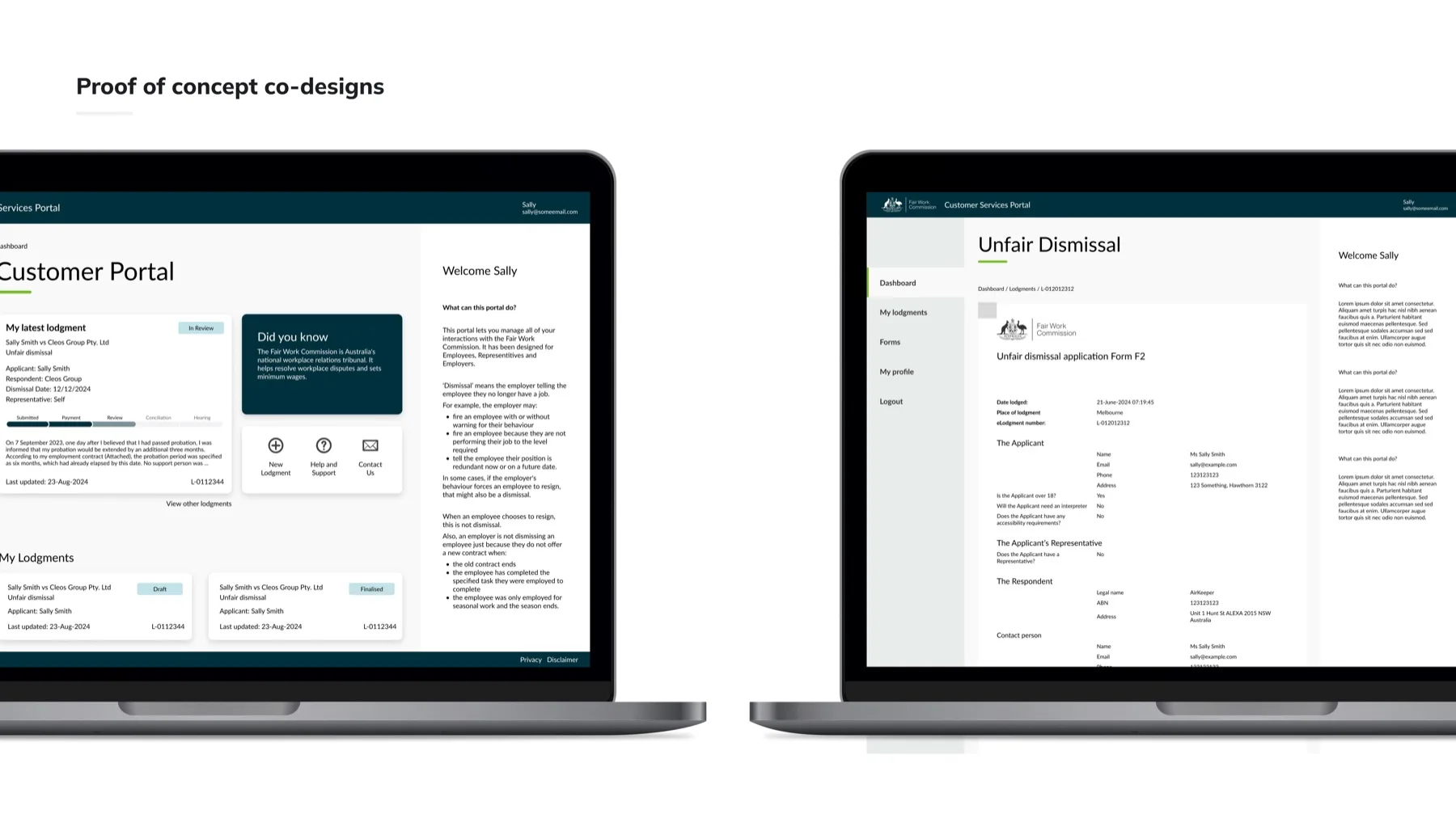 Proof of concept co-designs: the customer portal dashboard and unfair dismissal application, co-designed for the future-state service