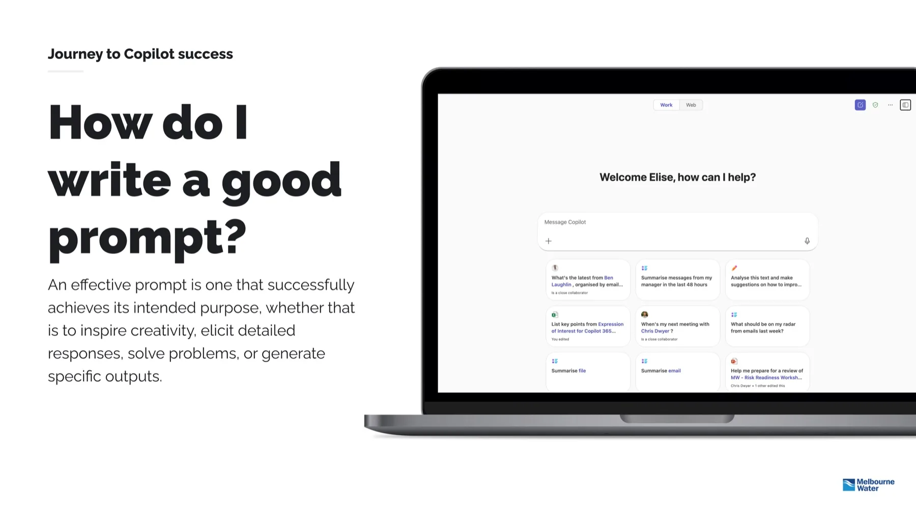 Journey to Copilot success: how do I write a good prompt? Training material shown against the Copilot chat interface