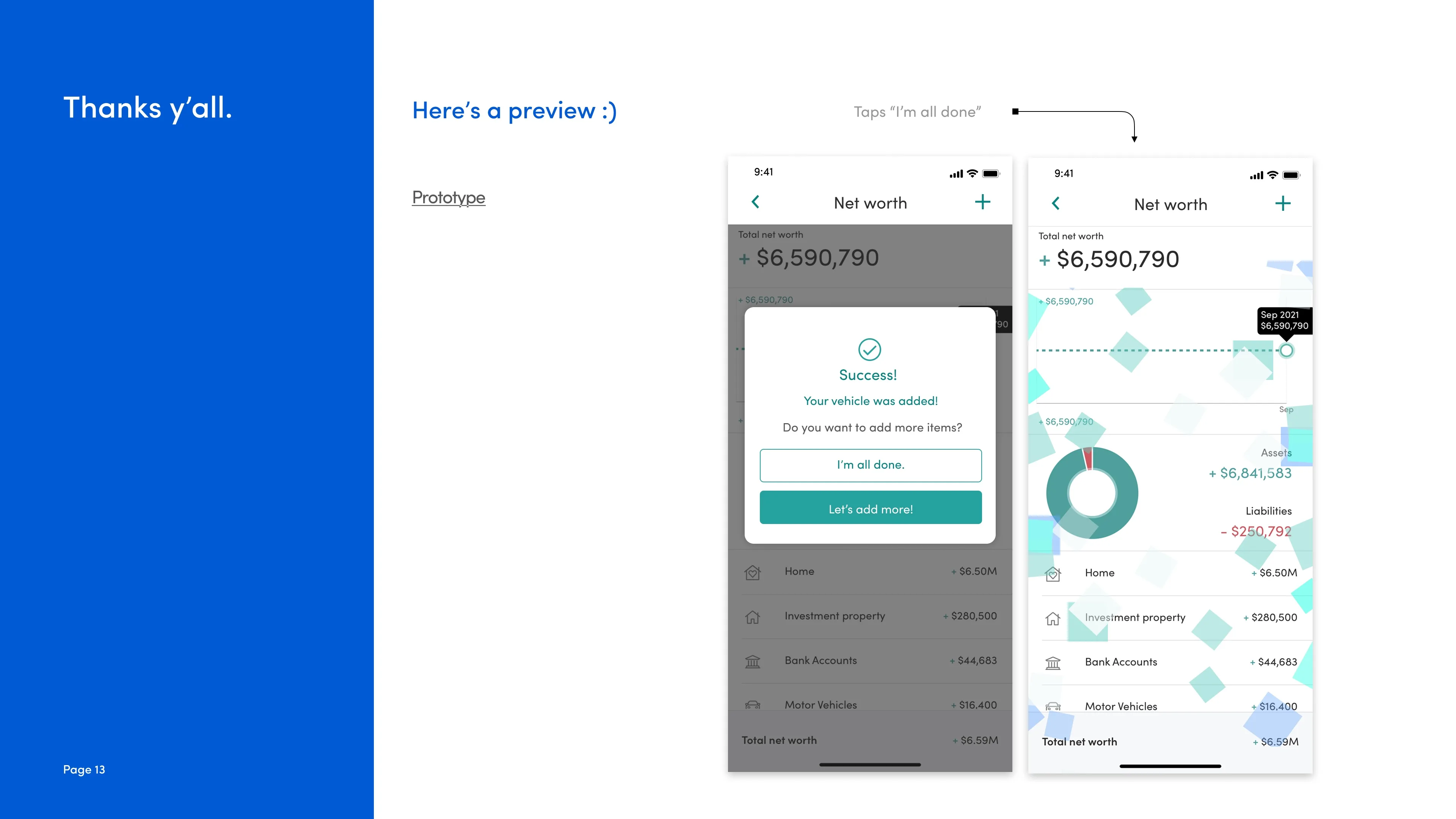 Prototype preview: adding a vehicle to net worth ends in a success state with confetti over the updated net worth screen