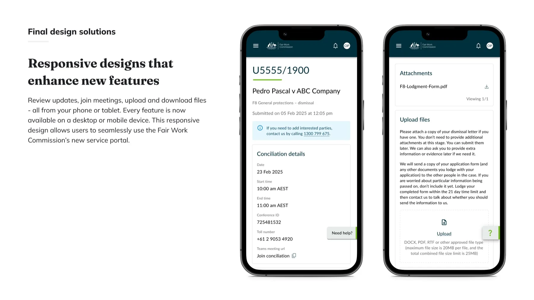 Final design solutions. Responsive designs that enhance new features: review updates, join meetings, upload and download files from any device