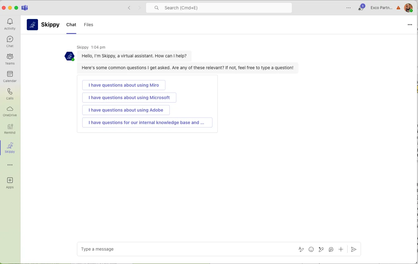 Skippy, the test Copilot Studio agent, in Microsoft Teams, greeting the user and offering four quick-reply buttons for common question areas